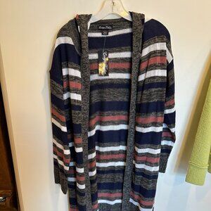 NEW Evelyn Taylor Open Long Hooded Striped Cardigan Size L